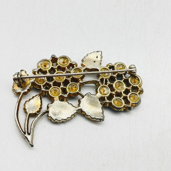 Vintage Double Flower Stem Pin Blue and Clear Rhinestones Gold Tone Floral READ - Picture 6 of 7